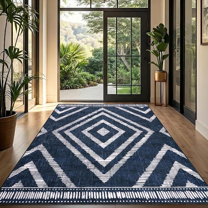 Boho Washable Rugs 5x7ft for Living Room, Navy Blue Thin Bedroom Area Rugs Non Slip, Moroccan Soft Kids Nusery Area Floor Carpets for Dining Room Playroom Kitchen Home Office Decor