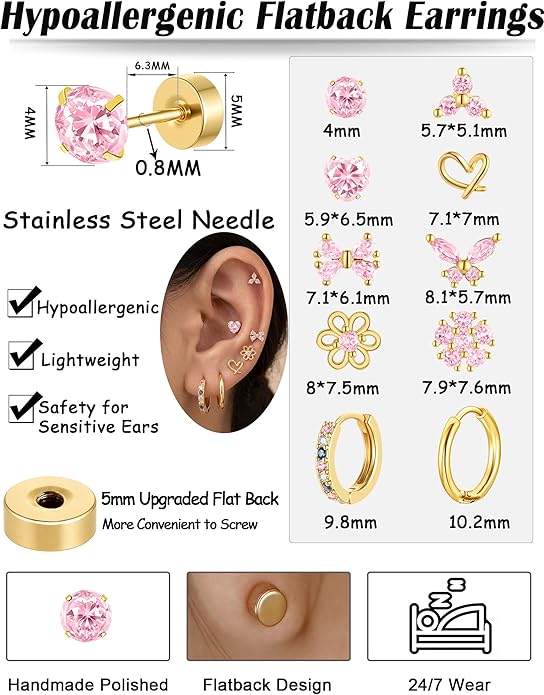 AKEOQI 10 Pairs Hypoallergenic Flat Back Earrings Gold Silver Plated Surgical Steel Small Stud Huggie Hoop Earring for Women Butterfly Flower Heart Bow Pink CZ Stack Cartilage Earrings Set 20G 10 MM