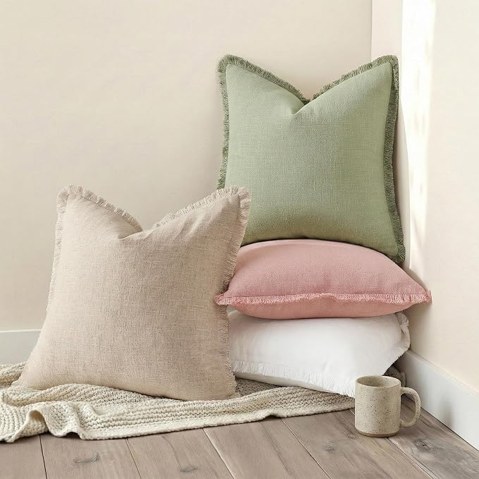 decorUhome Linen Fringe Pink Throw Pillow Covers 20x20 Set of 2 | Decorative Soft Accent Modern Boho Farmhouse Cushion Covers with Tassels Cotton Pillow Covers for Couch Bed Sofa