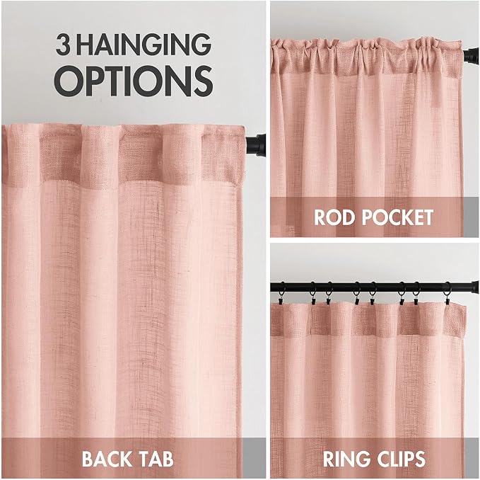 MIULEE Blush Pink Linen Curtains 90 Inch Long 2 Panels for Bedroom, Soft Thick Linen Textured Window Drapes Semi Sheer Light Filtering Back Tab for Living Room Light Pink Decor