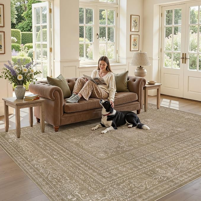 Nakagishi 6x8 Area Rugs Living Room: Washable Large Vintage Rug Neutral Non-Slip Soft Stain Resistant Indoor Carpet for Bedroom Nursery Dining Room Office Playroom - Dark Brown