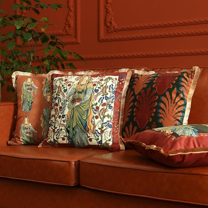 patdrea Designer French Velvet Throw Pillow Cover,Set of 4,-Oldlegend | Elegant Lumbar Pillow Case,Fringe Trim,Classic Art PatternDecor Cushion Coverfor Couch Living Room Bedroom Sofa