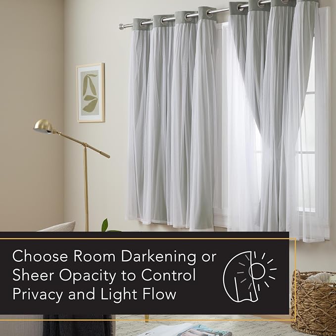 TOWN & COUNTRY LUXE Talia Double Layer Indoor Curtains, Sheer and Room Darkening Blackout, Grommet Top, Energy Efficient, 2-Pack Set, 52x 63, Soft Grey