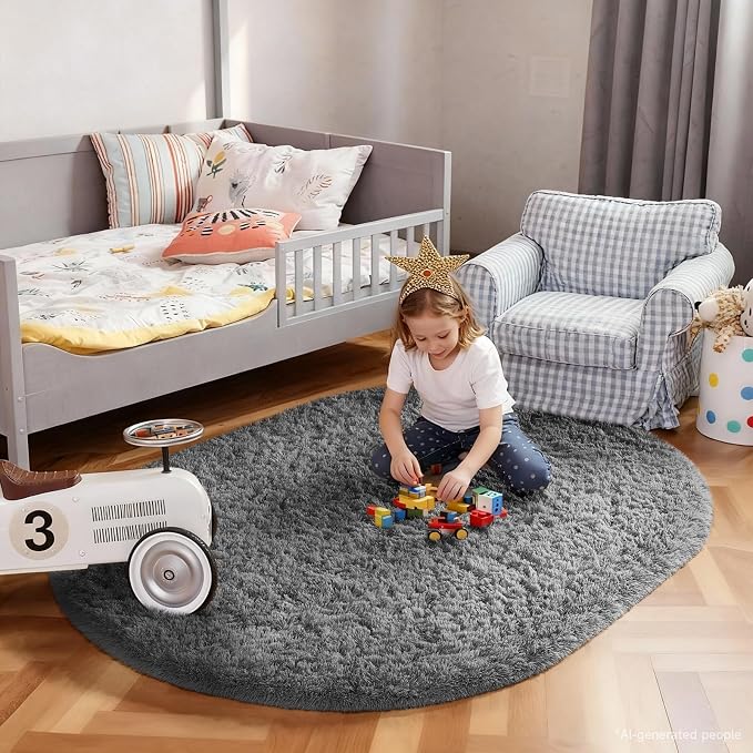 Ophanie 4x6 Oval Grey Rugs for Bedroom Living Room,Fluffy Fuzzy Furry Carpet,Plush Soft Shaggy Bedside Indoor Floor Area Rug for Kids Girls Boys Baby Teen Dorm Decor with Over 99 pcs Pile fibers