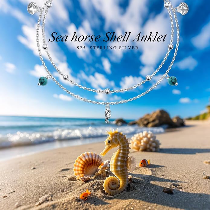 Ladytree S925 Sterling Silver Boho Beach Double Layer Anklets Bracelet for Women Adjustable 9 to 11 inches