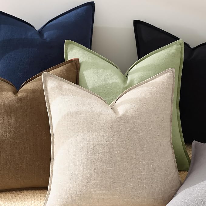 decorUhome Fall Navy Blue Linen Throw Pillow Covers 16x16 Set of 2 | Decorative Soft Cozy Modern Farmhouse Boho Accent Pillow Cases with Flange Edges for Couch Bed Sofa Living Room Home Decor