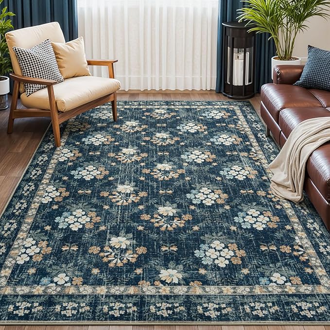 Lessymo Floral Living Room Rug 5x7, Soft Washable Area Rugs for Bed Room Dining Room, Soft Low Pile Carpet with Non Slip Backing Distressed Indoor Boho Carpet, Navy/Beige