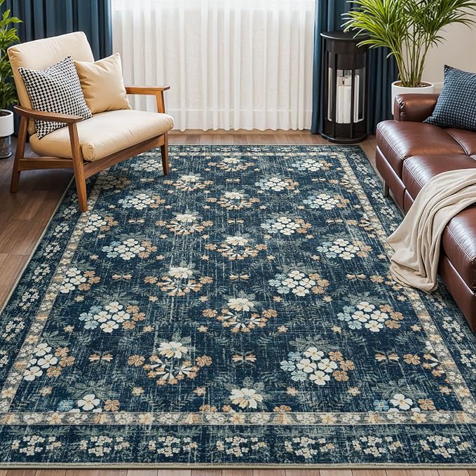 Lessymo Dining Room Rugs for Under Table, 6x9 Washable Area Rug for Living Room, Low Pile Non-Slip Floor Carpet for Bedroom, Stain Resistance Vintage Floral Design Décor, Navy/Beige