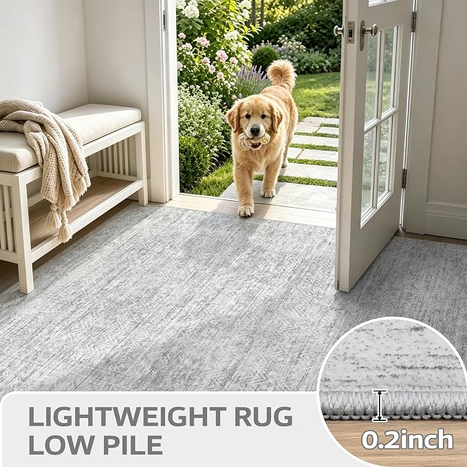 9X12 Area Rug for Living Room, Washable Moroccan Geometric Rug Soft Non-Slip Rubber Vintage Boho Large Rug, Low Pile Farmhouse Carpet for Bedroom Dining Room Nursery Modern Office (Gray, 9'x12')
