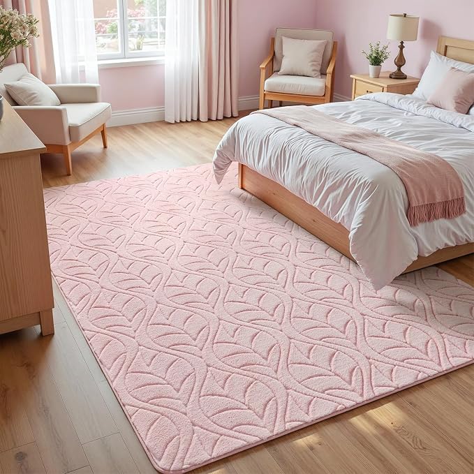 Macgace Ultra Soft Area Rug for Living Room, 5x7 Pink Geometric Shag Rugs | Washable Non-Slip Backing Medium Pile Modren Fuzzy Carpet for Kids Room, Girls Bedroom, Classroom, Dorm