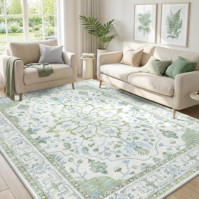 RELEANY Area Rugs 5'x7' Washable Non-Slip, Floral Vintage Distress Medallion Carpet for Living Room Bedroom Dining Room, Green White Blue