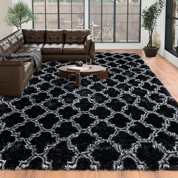 8x10 Area Rugs for Bedroom Living Room, Large Modern Black and White Rugs | Soft Fluffy Plush Geometric Rug Upgrade Non-Slip Shaggy Fuzzy Carpet for Playroom Teen Dorm Home Office Decor