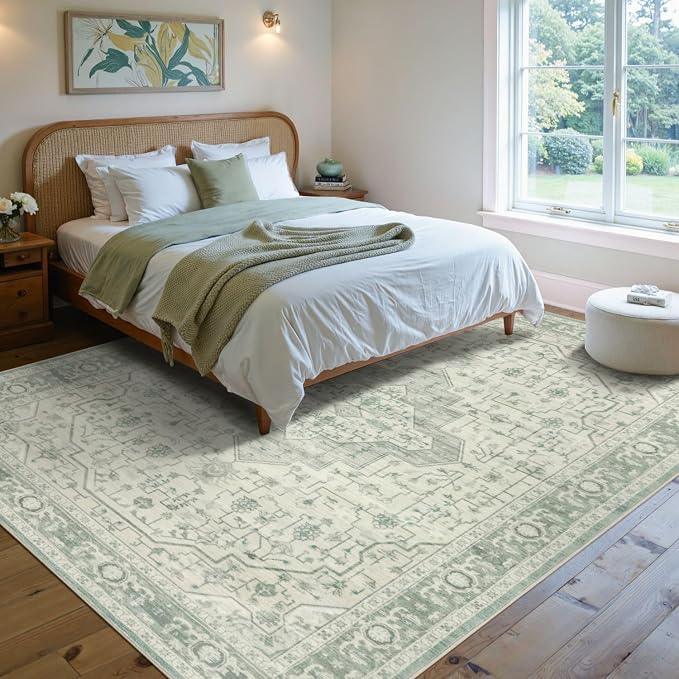 Rugxara 5X7 Washable Area Rug for Living Room, Vintage Large Boho Rugs for Office, Dining Room, Kids Room, Farmhouse, Durable Low Pile Non Slip Carpet for High Traffic Areas, Sage Green