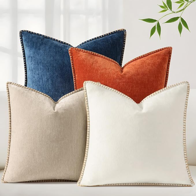 decorUhome Fall Soft Decorative Chenille Throw Pillow Covers 18x18 Set of 4 | Beige Rust Cozy Decorative Modern Farmhouse Neutral Pillow Cases with Stitched Edge for Couch Sofa Bed Living Room Home Decor