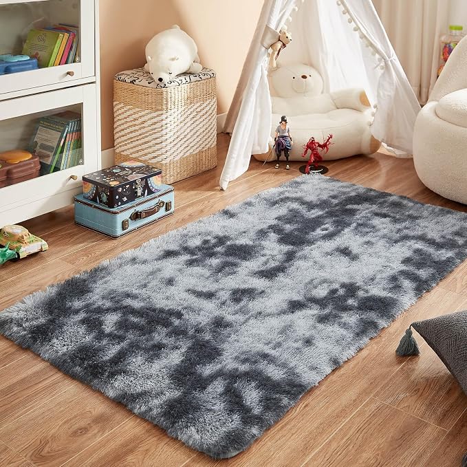 Floralux Upgrade 4x6 Rugs for Bedroom, Tie-Dyed Dark Grey, Fluffy Shaggy Soft Area Rug for Living Room, Non-Slip Indoor Floor Carpet for Nursery, Kids Baby Boys Teen Dorm Home Decor Aesthetic