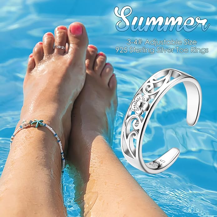 FIBO STEEL 3 PCS Toe Rings for Women 925 Sterling Silver Adjustable Toe Rings Open Cuff Toe Rings CZ Daisy Moonstone Ring Band Rings Beach Foot Jewelry Set