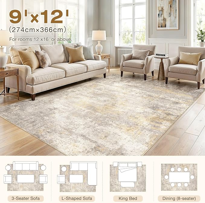 cotiled 9x12 Rugs for Living Room Abstract Soft Non Slip Washable Area Rug | Stain Resistant, Robot Vacuum & Pet Friendly, Low-pile, For Living Room, Bedroom, Dining Table, Nursery Gold/Grey/Brown