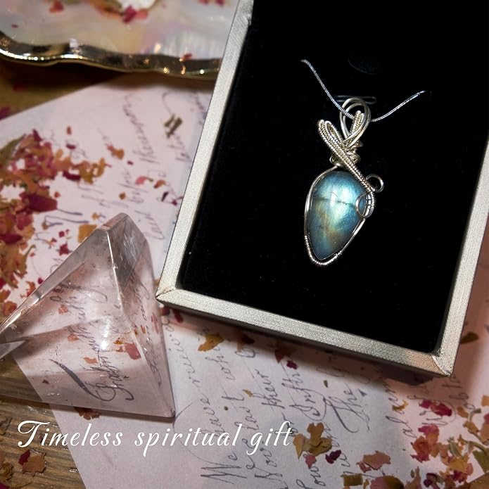 Handmade Wrapped Labradorite Crystal Pendant Necklace - Dainty Charm Copper Wired Necklace, Healing Crystals and Gemstones, Vintage Jewelry for Women, Men's Necklace, Boho Black Stone Protection Birthstone Jewelry