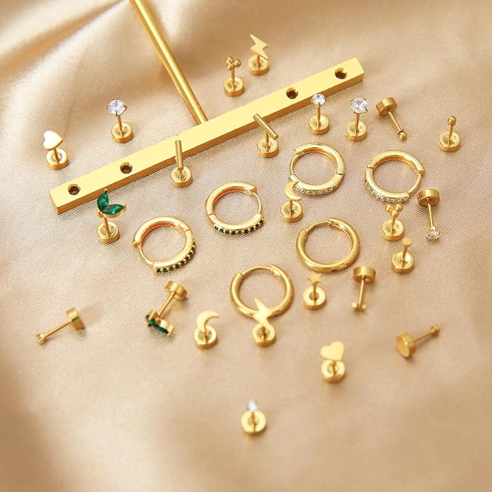 Stainless Steel Stud Earrings Set for Women Hypoallergenic Flat Back Cartilage Earrings Screw Back Huggie Hoop Earrings Multiple Piercing Cubic Zirconia Helix Tragus Jewelry