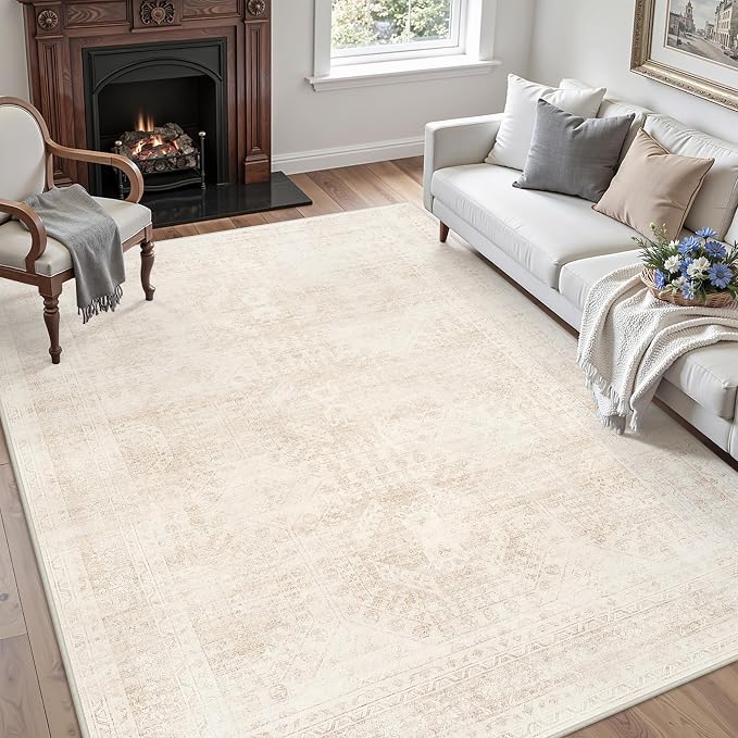 5x7 Area Rugs for Living Room: Vintage Boho Neutral Washable Rug Indoor Soft Large Area Rug Carpet for Bedroom Nursery Farmhouse Dining Room Office Floor Non-Slip Low Pile Under Table Rug Beige