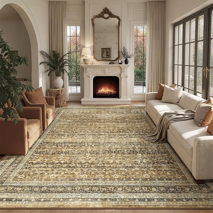9x12 Washable Area Rugs for Living Room Bedroom, Non-Slip Large Rugs | Vintage Distressed Retro; Low Pile; Stain Resistant; Neutral Boho Carpet for Dining Room, Nursery, Home Office; Caramel Brown