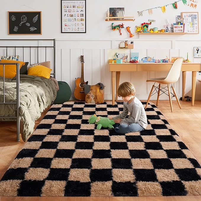 Pionblank Fluffy Area Rug for Bedroom 4x6, Modern Indoor Shag Carpet, Soft Plush Non Slip Checkered Rugs for Living Room Kids Room Home Decor, Black and Beige