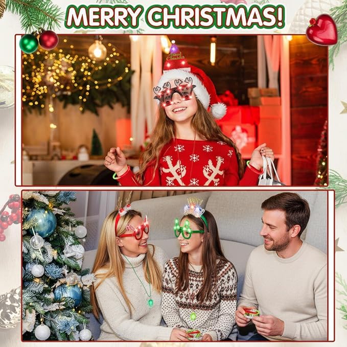Hiboom 40 Pcs Light Up Christmas Headband Necklace Christmas Glasses Frame Fluorescent Wristbands Glowing in Dark Xmas Party Favor Set Glow Accessories for Holiday Party Favors Supplies