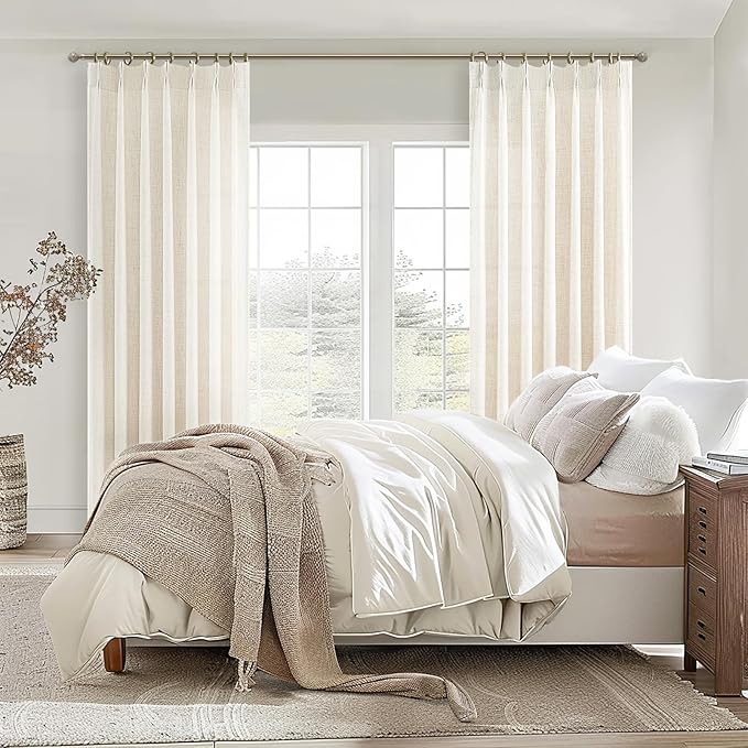 Extra Long 112 Inches High Ceiling Linen Blend Curtains 2 Panels Set for Dining Room, Memory Trained Pinch Pleated textured sheer Viral Drapes Bedroom Large Window Curtain 9-1/3FT Length Hook Back Tab