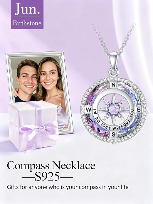 TOUPOP Necklace Gifts for Wife Compass Jewelry Women Anniversary Girlfriend Birthday Gift for Her Valentines I'd be Lost without You Sterling Silver Birthstone Necklaces