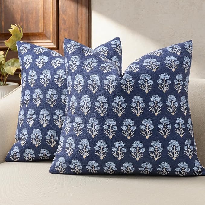 Farmhouse Floral Pillow Covers 20x20 Set of 2, Country Botanical Throw Pillow Cover for Sofa Couch Bed Living Room, Earthic Vintage Flower Cushion Covers Cottage Home Decor,Indigo Bloom
