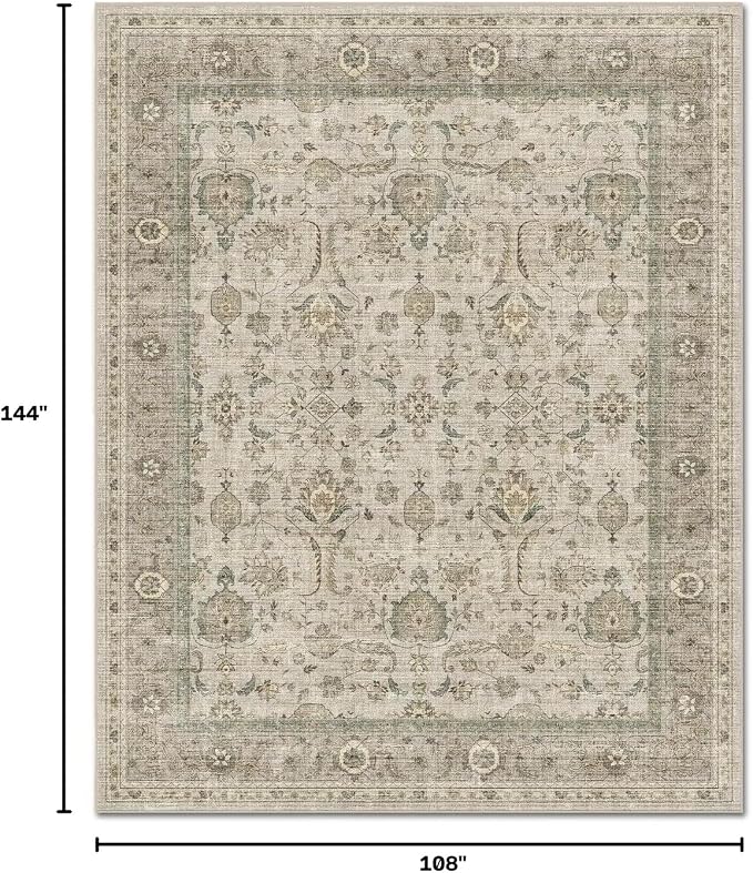 Boho Washable 9x12 Area Rugs for Living Room, Cushioned, Flaxen/Tan | Vintage Non-slip Neutral Oriental Rugs for Bedroom Dining Room Nursery Office High Traffic Area