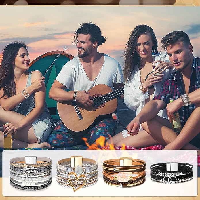 Yinkin 6 Pcs Boho PU Leather Wrap Bracelets for Women Stack Multi Layer Bohemian Cuff Bracelets trendy Jewelry Gifts