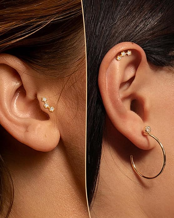 COCHARM 14K Real Gold Star Helix Cartilage Conch Earring Stud 16g Flat Back Solid Gold Helix Conch Piercing Jewelry 16g 6mm 8mm 14Kt Cartilage Stud Jewelry Internally Threaded