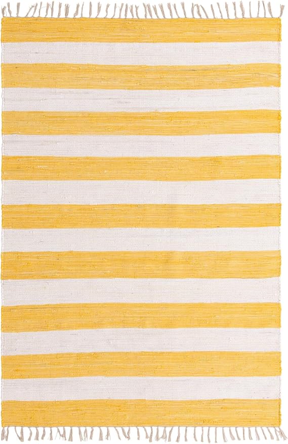 Unique Loom Chindi Rag Collection Area Rug - Striped (6' 1" x 9' Rectangle, Yellow and Ivory)