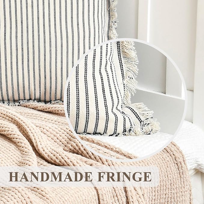 ZWJD Throw Pillow Covers 12x20 Set of 2 Striped Pillow Covers with Fringe Chic Cotton Decorative Pillows Square Cushion Covers for Sofa Couch Bed Living Room Farmhouse Decor, (Burnt Orange)