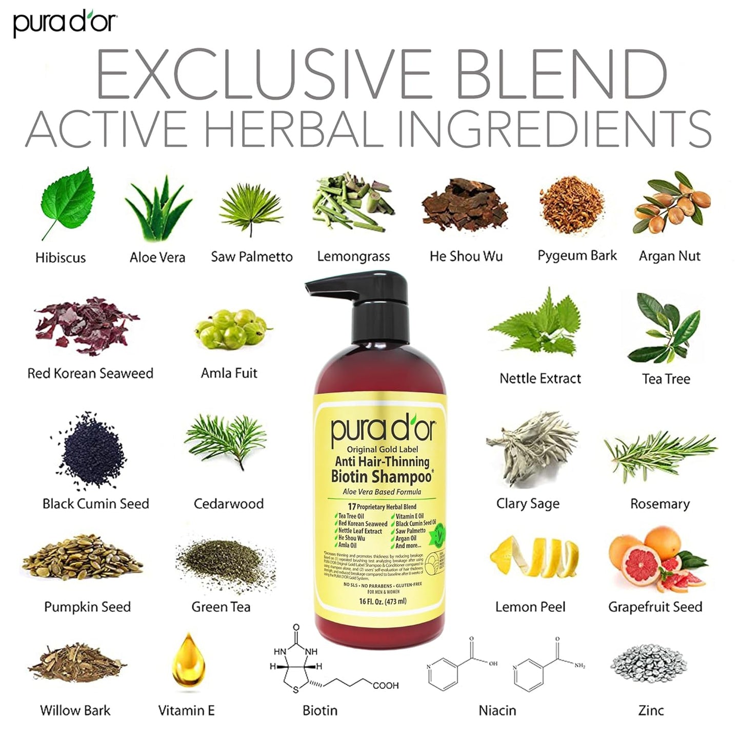 PURA D'OR Anti-Thinning Biotin Shampoo & Deep Moisturizing Conditioner Original Gold Label Set (16oz x2) Natural Earthy Scent, CLINICALLY TESTED Effective Results, Hair Thickening Product, Women & Men