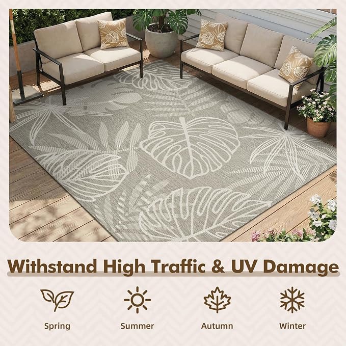 MontVoo-Outdoor Rug-Patio Rug 5x7 ft Polypropylene Indoor Outdoor Rugs Outdoor Carpet for Patio Deck Balcony Porch, Textured Weave, Durable for High Traffic, Fade-Resistant, Tropical Silver Grey