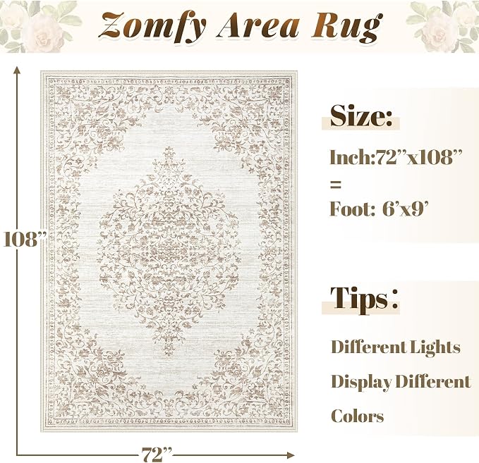 Area Rug 6x9 Vintage Rug: Washable Indoor Medallion Rugs Low Pile Distressed Floor Carpet Retro Accent Rug for Living Room Bedroom Kitchen Dining Table Home Office(Vintage Beige, 6'x9')