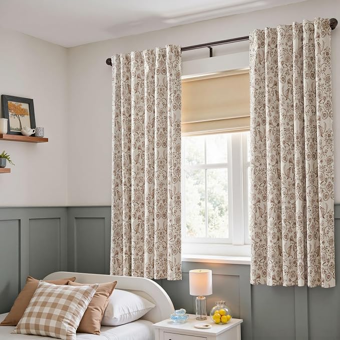 jinchan Taupe Floral Blackout Curtains 63 Inch Farmhouse Back Tab 2 Panels | Taupe on beige, room darkening, traditional vintage drapes, bedroom, living room, botanical, flower print, window treatment