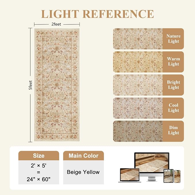 DUKINO 2x5 Rug Runner, Washable Vintage Floral Bathroom Rugs, Beige | Non Slip, Low Pile, Stain Resistant, Lightweight Soft Carpet Runner for Laundry Room Kitchen Hallway Bedroom, Non-Shedding