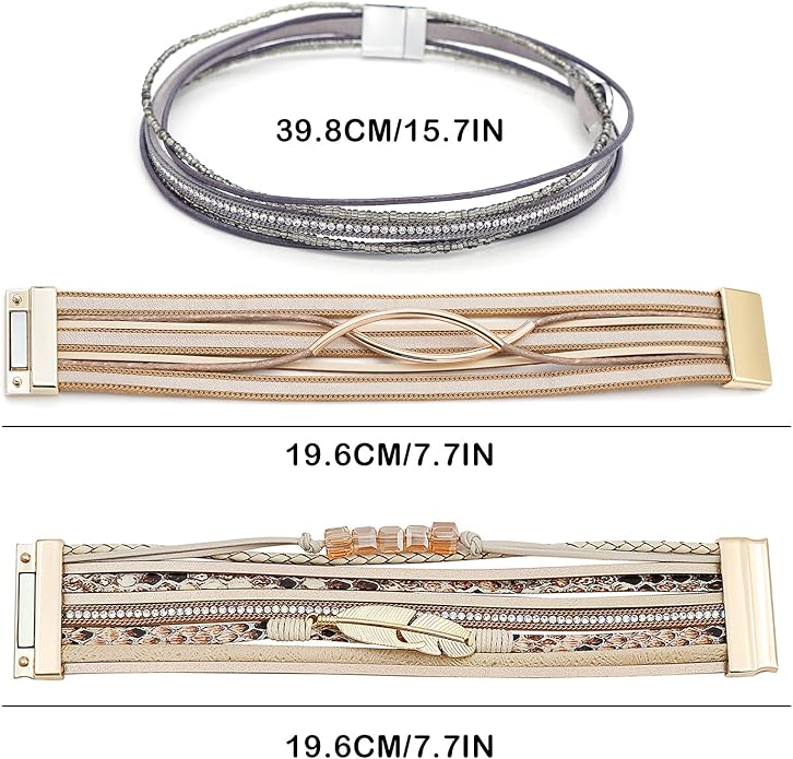 Wowanoo 3Pack Leather Cuff Bracelet Set Multilayer Wrap Bracelet Crystal Feather Tree Bracelet Magnetic Clasp Bracelet for Women