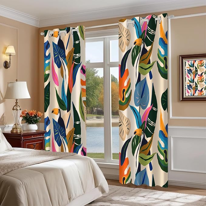 Colorful Tropical Abstract Blackout Window Curtains, Boho Floral Plant Jungle Palm Leaf Toucan Birds Art Decor for Bedroom, Living Room, Art Gallery Grommet Window Drapes 2 Panel Set, 52"x84"