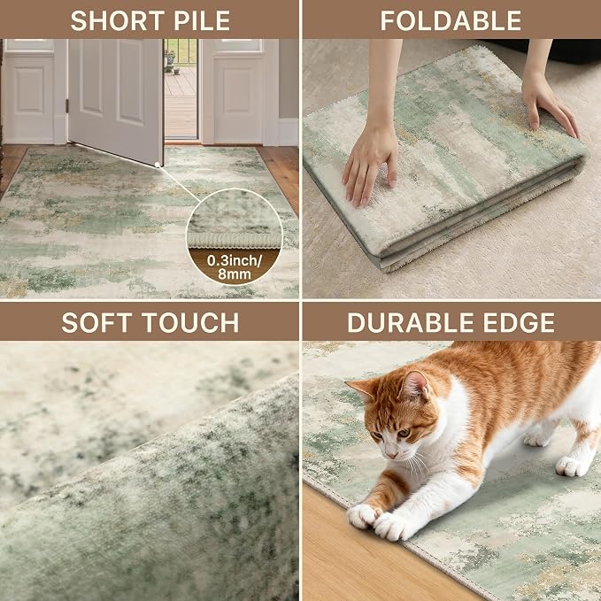 GENIMO Abstract Area Rug 5x7, Washable Large Modern Rug Non Slip, Low Pile Lightweight Soft Carpet for Living Room, Bedroom, Dining Room, Sage Cream
