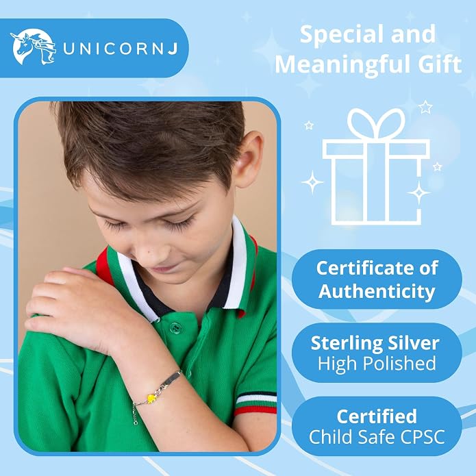 UNICORNJ 925 Italy Sterling Silver Child or Baby Name Bracelet Girls Boys, Personalized Engraved Kids ID Bracelets, 6.5" Figaro Chain, Enamel Charm Newborn Infant Toddler Kid Jewelry