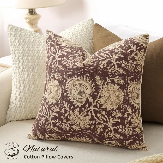 Vintage Floral Print Throw Pillow Covers 16x16 Set of 2 Neutral Modern Farmhouse Accent Decorative Cushion Covers Boho Home Decor for Couch Sofa Chair Bed Living Room, Oxblood