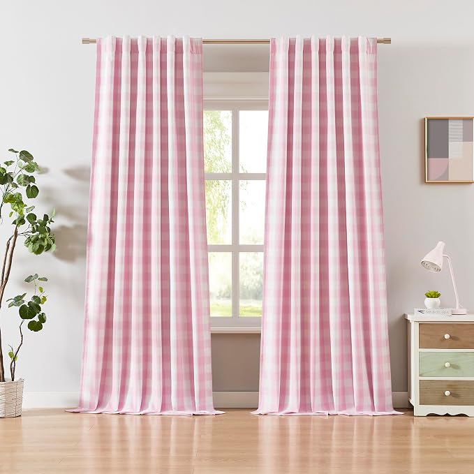 Pink White Buffalo Plaid Curtains 84 Inches Length | Thermal Insulated Double-Layer Drapes,Farmhouse Window Treatment for Girls Room Nursery,Rod Pocket Back Tabs,Pack of 2