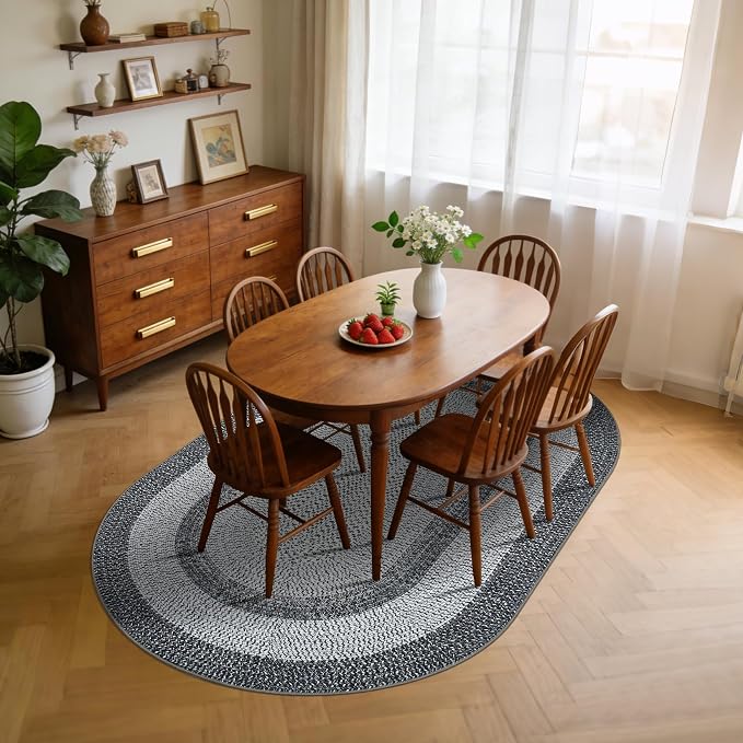 5x8 Oval Living Room Area Rug Washable Modern Border Bedroom Bedside Area Rugs Non Slip Low Pile Dining Room Oval Throw Carpet Contemporary Rugs for Living Room Kitchen Nursery, Grey