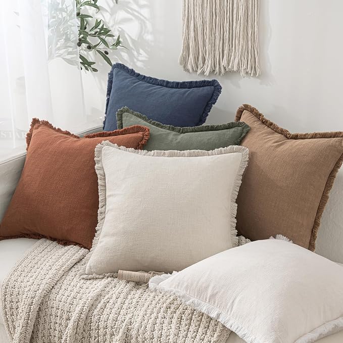 MIULEE Decorative Throw Pillow Covers Neutral Linen Fringe Throw Pillows Euro Shams Set of 2 Brick Boho Farmhouse Cushion Covers for Couch Sofa Bed Living Room Fall Home Decor 24x24 Inch