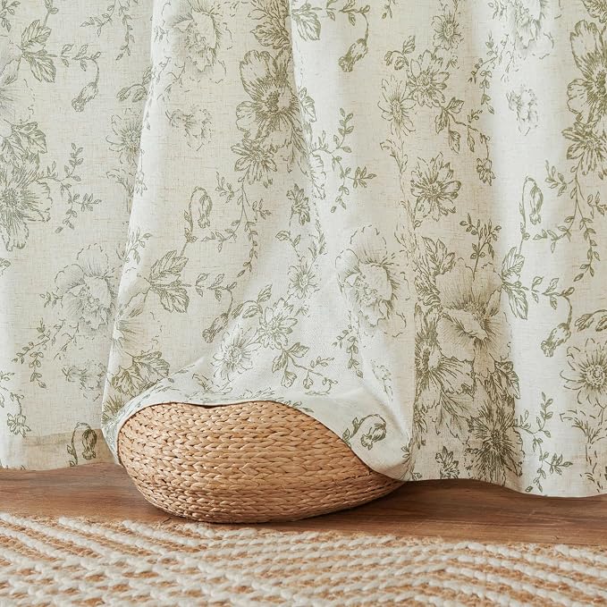 jinchan Green Floral Linen Curtains 63 Inch Farmhouse Back Tab 2 Panels | Light filtering drapes, semi sheer, farmhouse, cottagecore, rustic, living room, bedroom, rod pocket, window treatment