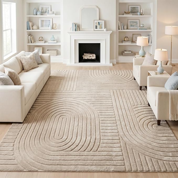 Brown 5x7 Geometric Solid Color Area Rugs, Washable Living Room Rug | Ultra Soft Plush Modern Boho Carpet, High-Low Pile 3D textured Durable Non-Slip 5'x7' Rugs for Bedside, Nursery, Apartment